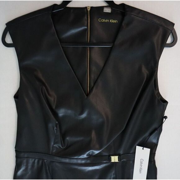 Calvin Klein Women Sz 10 Black PU Leather Sheath Dress w/Gold Waist Detail - Picture 5 of 13